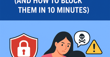 A worried child looking at a smartphone with digital warning icons and cybersecurity symbols showing hidden online dangers such as cyberbullying, predators, and data theft, with text reading “7 Hidden Dangers Your Child Faces Online”