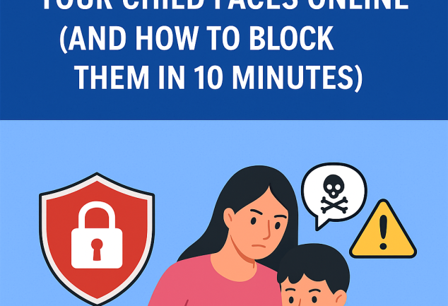 A worried child looking at a smartphone with digital warning icons and cybersecurity symbols showing hidden online dangers such as cyberbullying, predators, and data theft, with text reading “7 Hidden Dangers Your Child Faces Online”