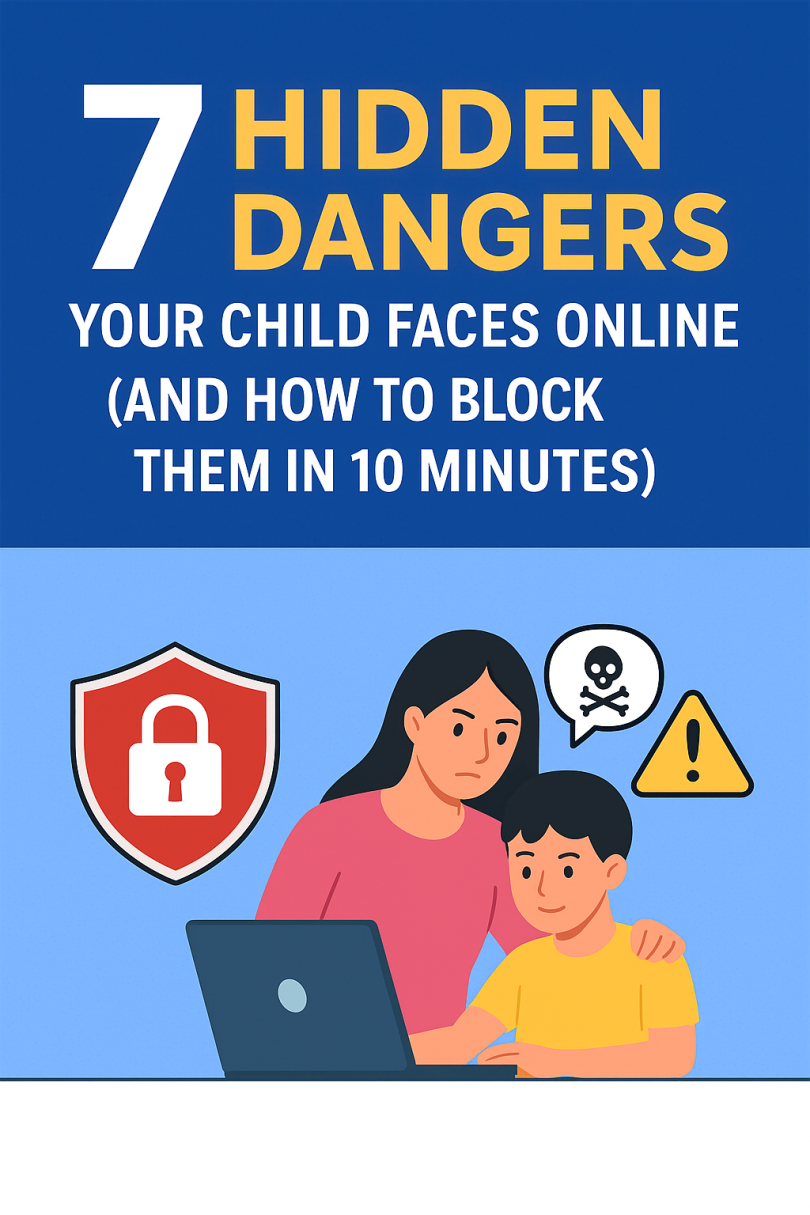 A worried child looking at a smartphone with digital warning icons and cybersecurity symbols showing hidden online dangers such as cyberbullying, predators, and data theft, with text reading “7 Hidden Dangers Your Child Faces Online”