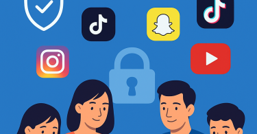 Educational illustration of a parent guiding a child through social media safety settings on a smartphone for online protection and supervised digital habits