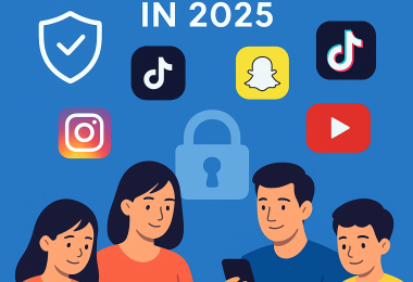 Educational illustration of a parent guiding a child through social media safety settings on a smartphone for online protection and supervised digital habits