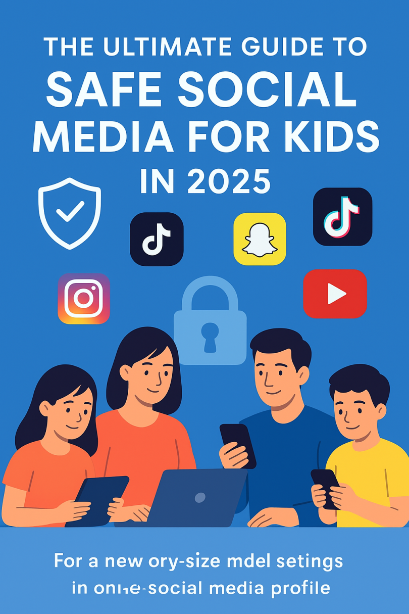 Educational illustration of a parent guiding a child through social media safety settings on a smartphone for online protection and supervised digital habits