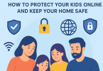 Family using laptop, tablet and smartphone with cybersecurity icons representing family cybersecurity and online safety for kids in 2025