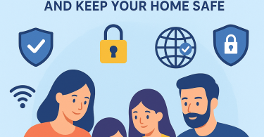 Family using laptop, tablet and smartphone with cybersecurity icons representing family cybersecurity and online safety for kids in 2025