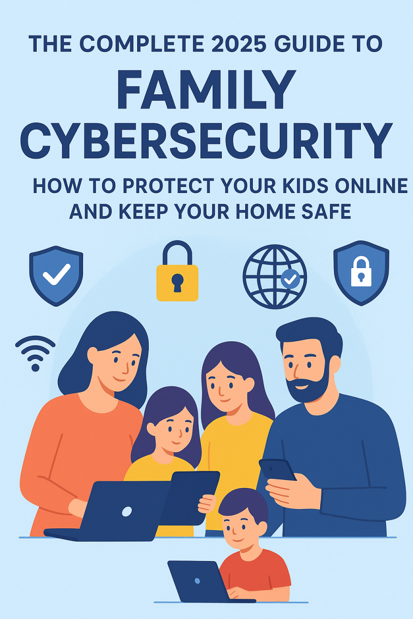 Family using laptop, tablet and smartphone with cybersecurity icons representing family cybersecurity and online safety for kids in 2025