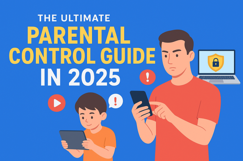 Family using parental control app to keep children safe online