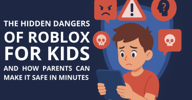 HD cover illustration showing a child using a laptop with digital safety shields, warning icons, and cybersecurity elements, representing online risks and dangers on Roblox.