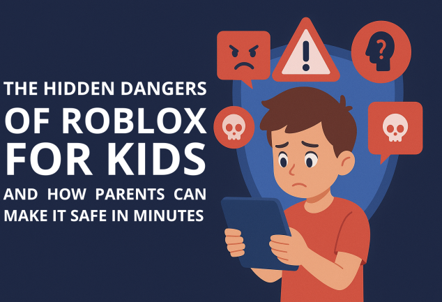HD cover illustration showing a child using a laptop with digital safety shields, warning icons, and cybersecurity elements, representing online risks and dangers on Roblox.