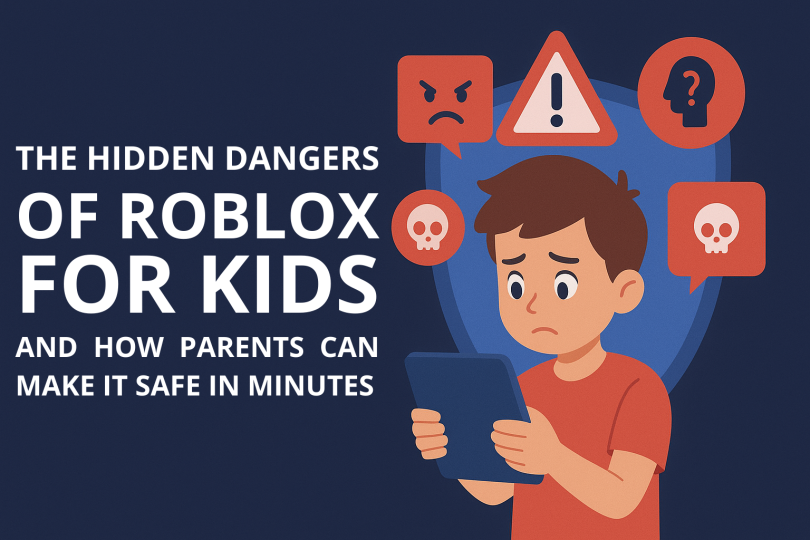 HD cover illustration showing a child using a laptop with digital safety shields, warning icons, and cybersecurity elements, representing online risks and dangers on Roblox.