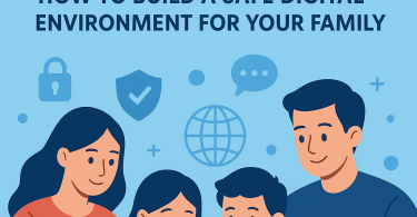 Family using digital devices with cybersecurity icons illustrating online safety for kids and how to protect children on the internet