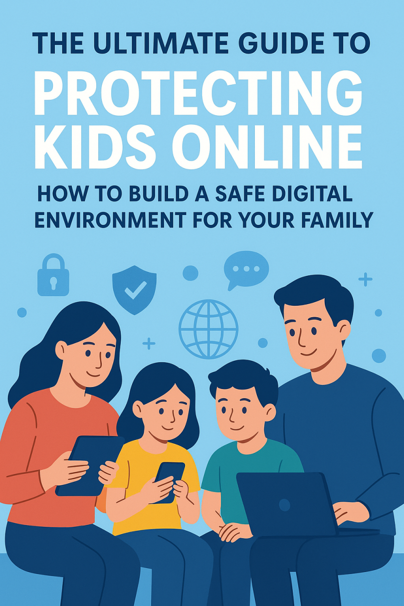 Family using digital devices with cybersecurity icons illustrating online safety for kids and how to protect children on the internet